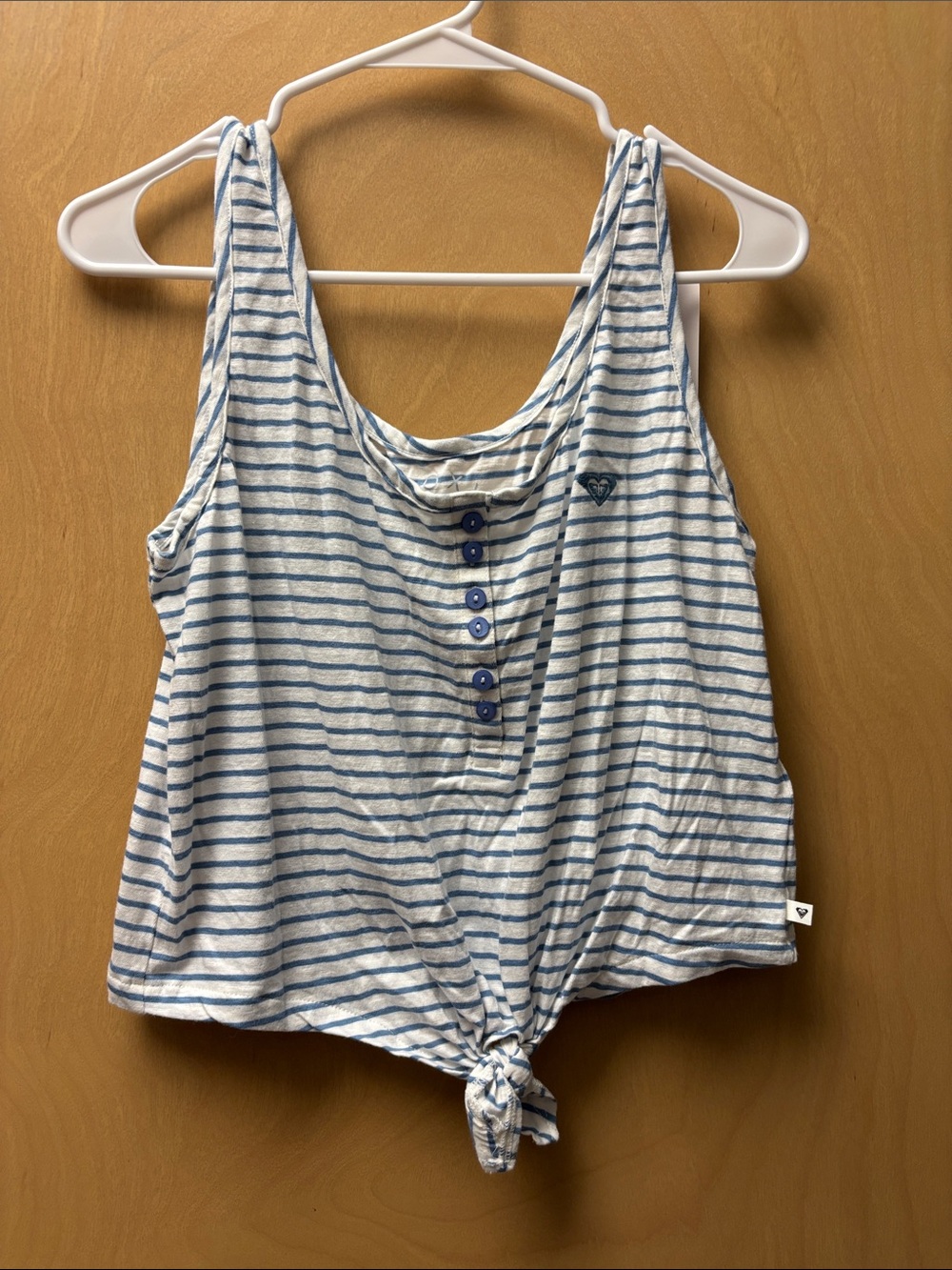 Roxy White and Light Blue Striped Tie-Front Tank
